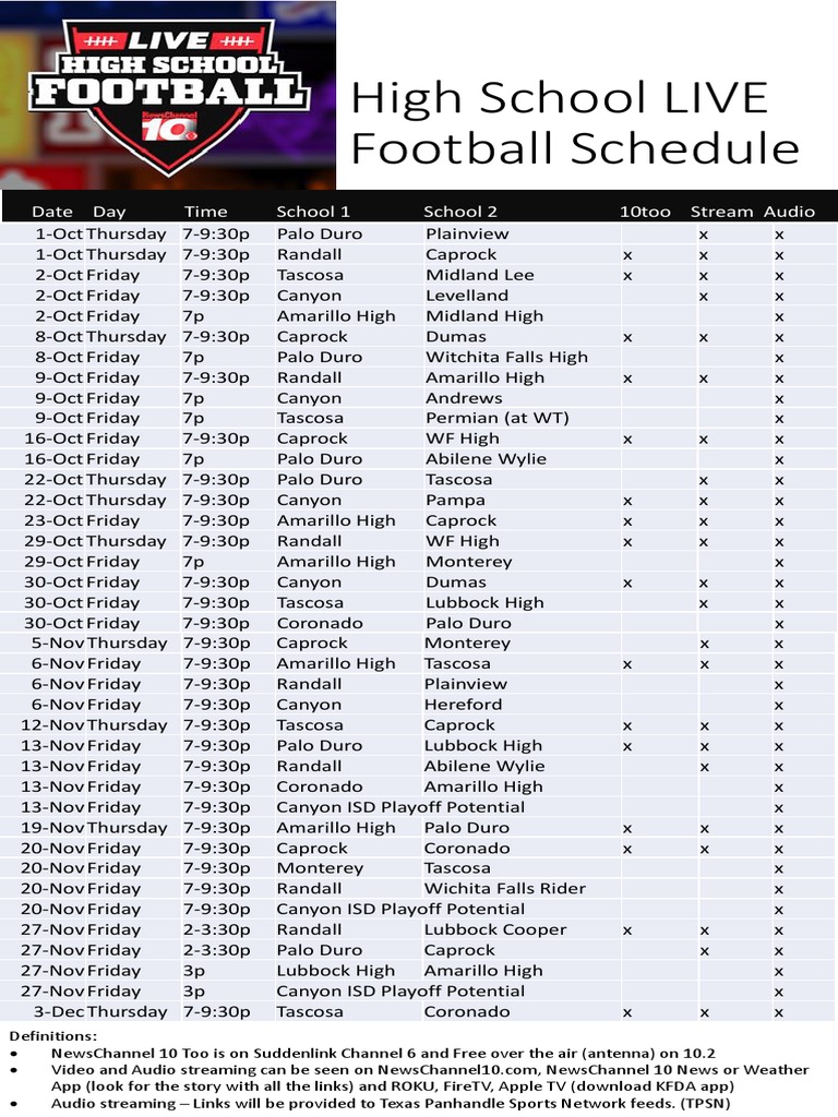 High School Football Schedule Oct 1 Dec 4 Media Industry Mass Media