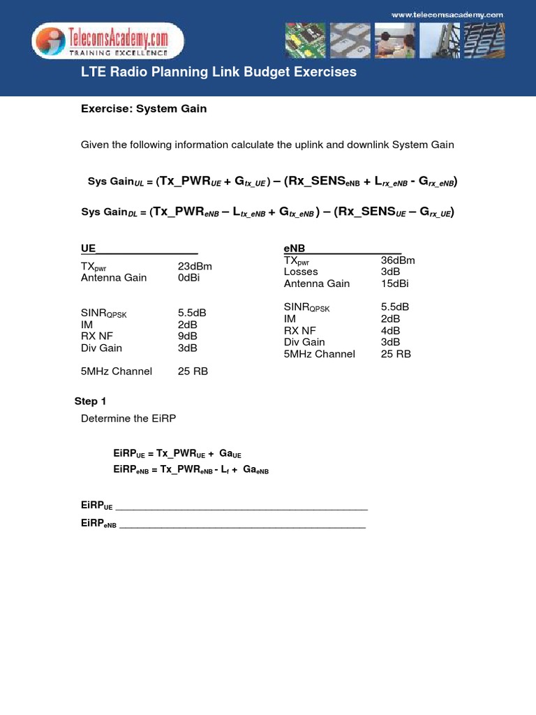 LTE Link Budget Calculation Exercise | PDF | Radio | Broadcasting