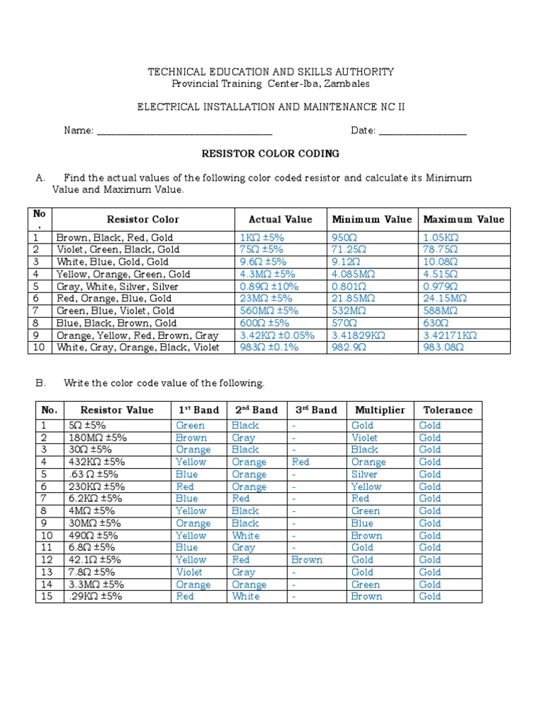Resistor Color Coding Exam Answer Key | PDF | Grey | Yellow