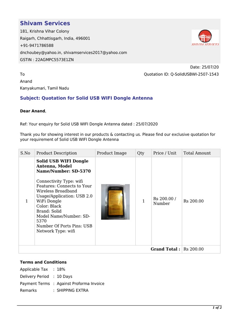 Shivam Services: Subject: Quotation For Solid USB WIFI Dongle Antenna | PDF
