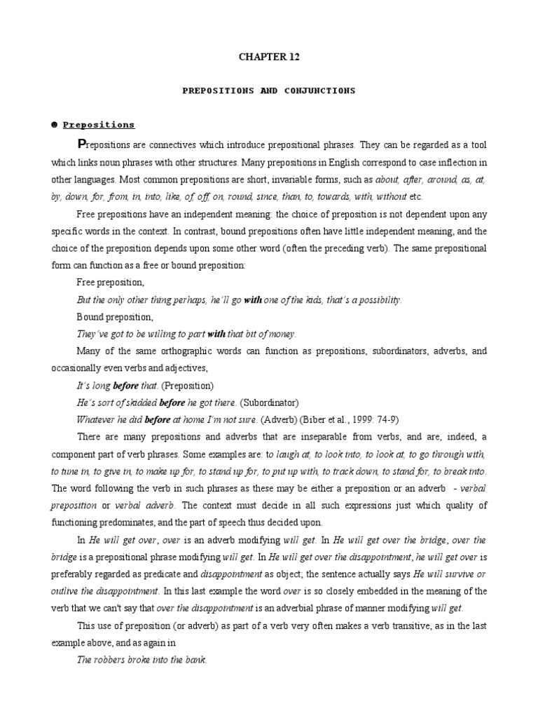 Prepositions & Conjunctions Guide | PDF | Preposition And Postposition ...