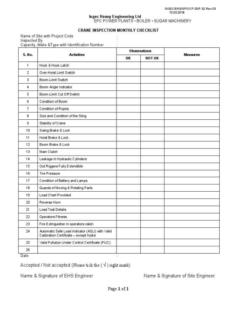 Monthly Crane Inspection Checklist Crane Inspection Services