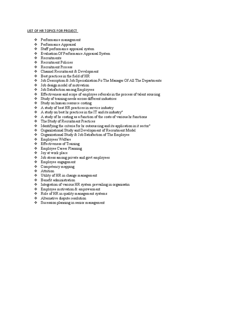 List Of Hr Topics For Project