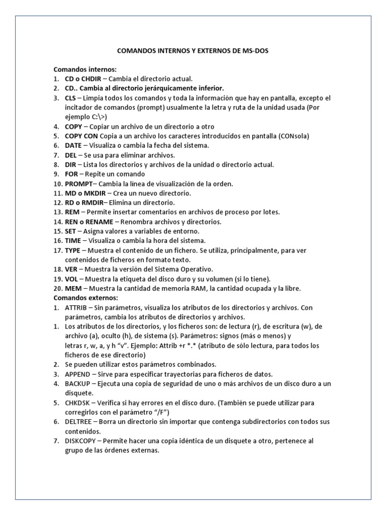 Comandos Internos y Externos de MS Dos PDF | PDF | Archivo de ...