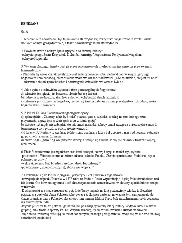 Sprawdzian Z Renesansu Grupa A Odpowiedzi