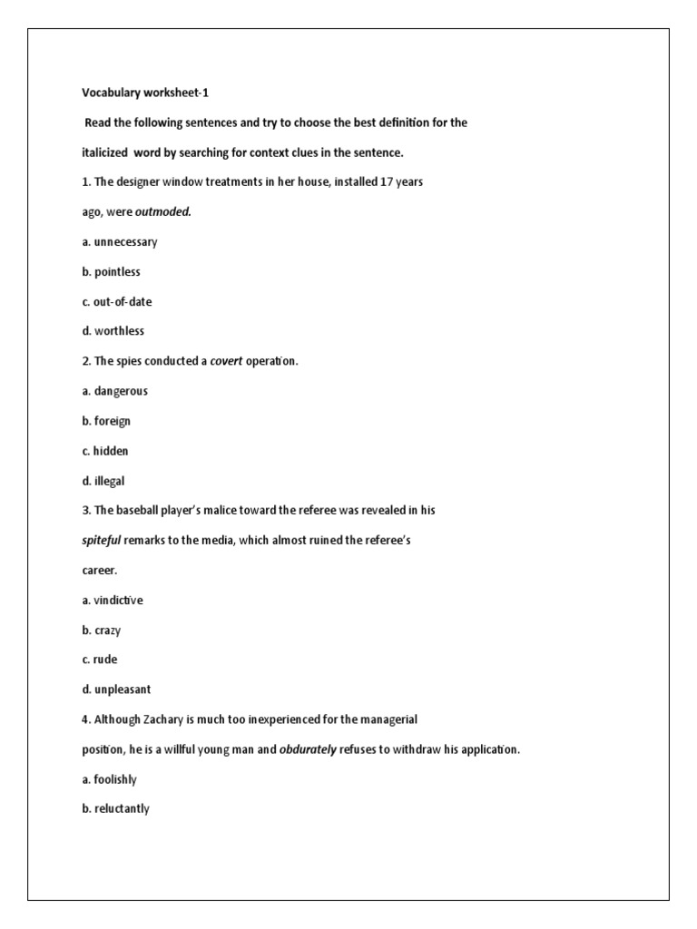 Vocabulary Worksheet | PDF