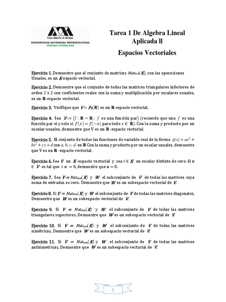 Ejercicios de Álgebra Lineal Avanzada | PDF | Espacio vectorial ...