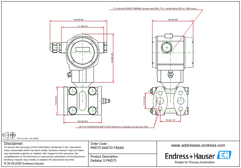 PMD75 AAA7D11BAAA Endress+HauserConsultAG 2DDrawing 09 30 2020 | PDF