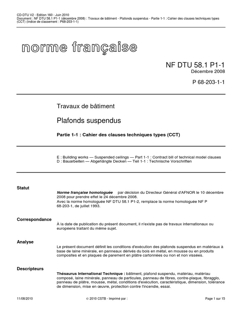 Norme DTU 58.1 : Plafonds Suspendus | PDF | Code de la construction et ...