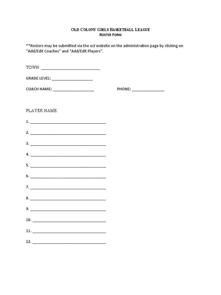 Old Colony Girls Basketball Roster Form | PDF