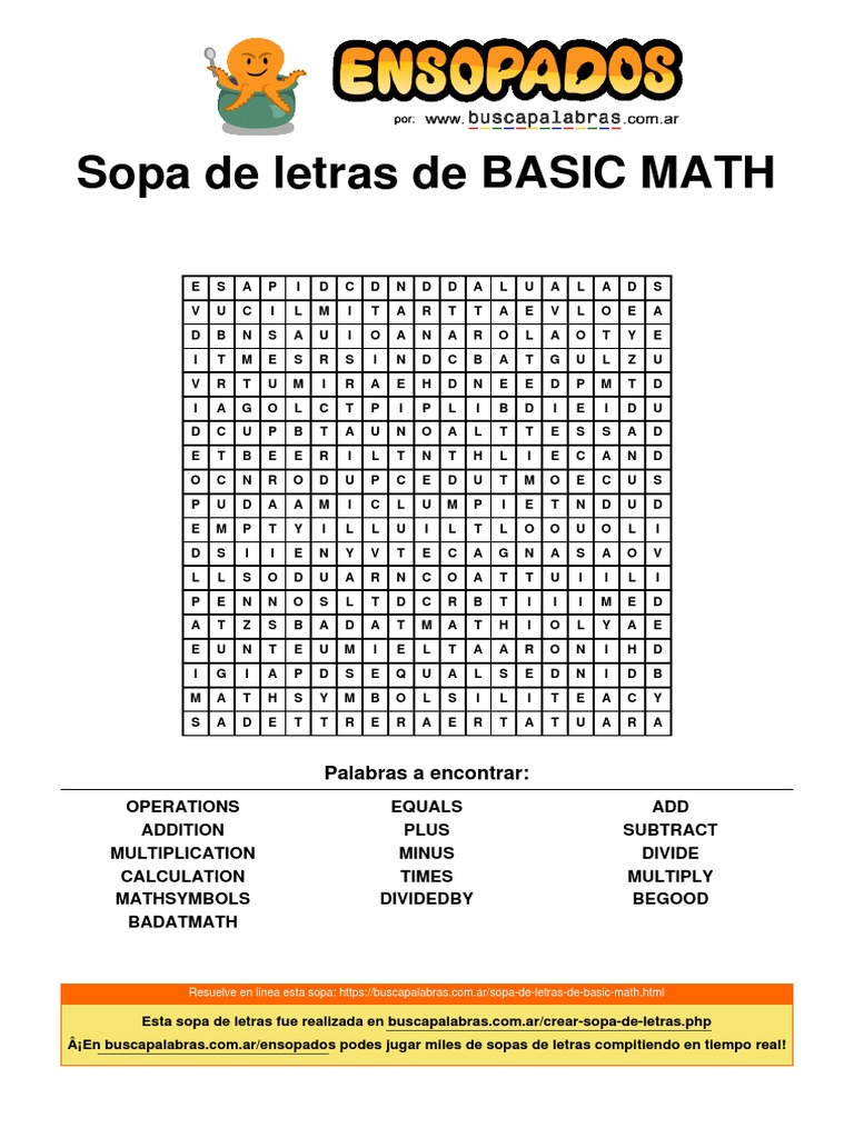 Sopa de letras de operaciones matemáticas | PDF