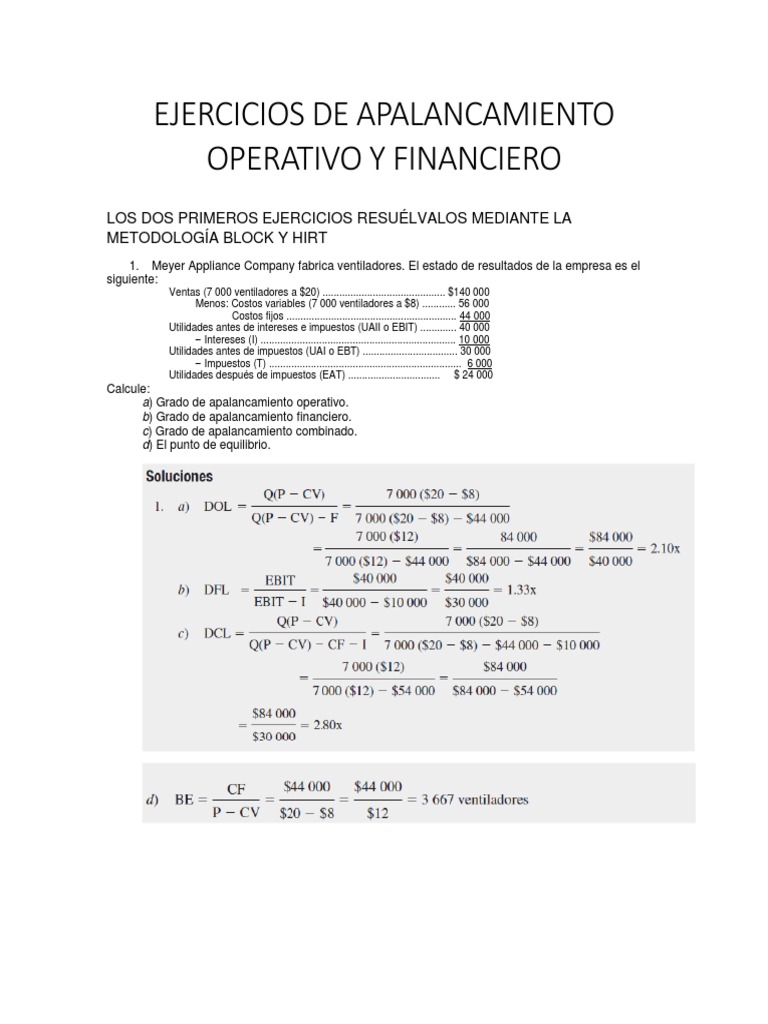 Ejercicios de Apalancamiento Financiero y Operativo | PDF ...
