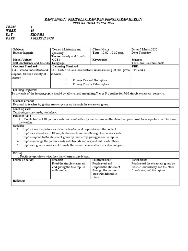 RPH Bahasa Inggeris PPKI SK Desa Tasik | PDF | Pedagogy | Teaching