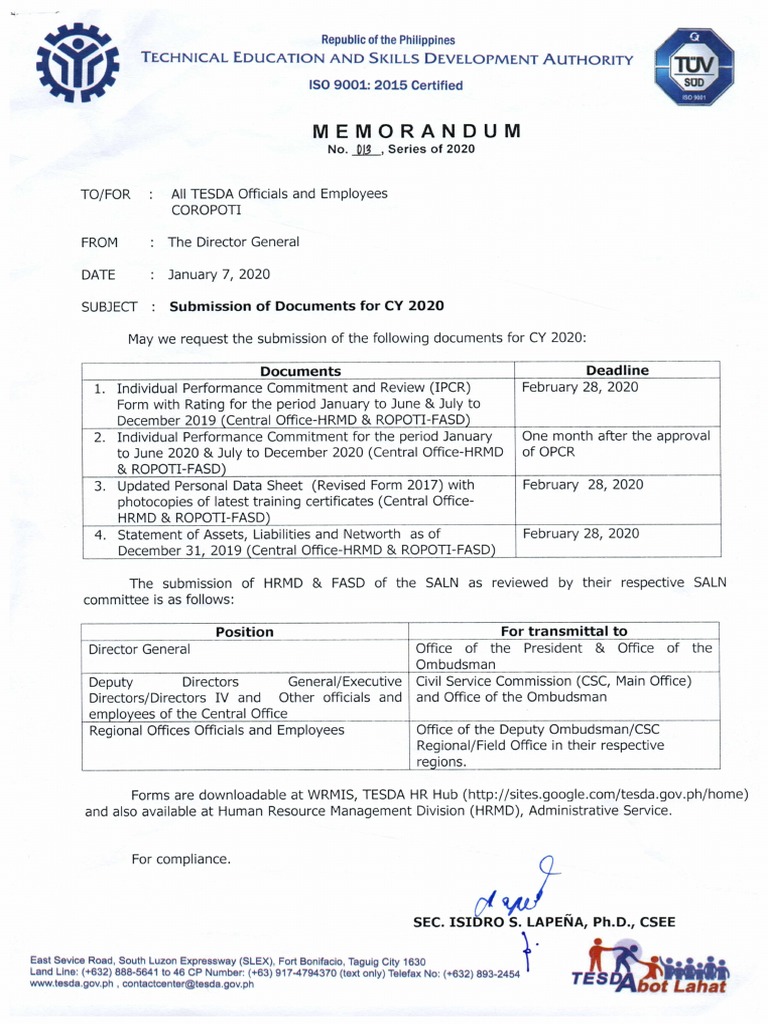 Memorandum: Republic of The Philippines Technical Education and Skills ...