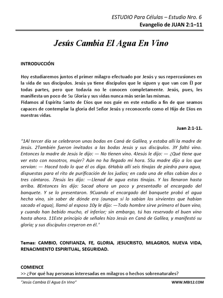 convierte el agua en vino juan 2 1 12 resumen
