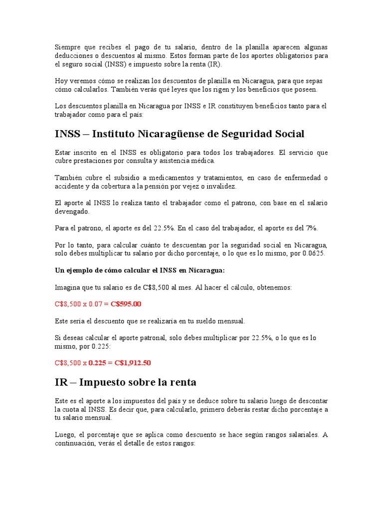 Cálculo de INSS e IR en Nicaragua | PDF | Salario | Nicaragua
