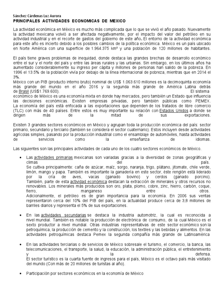 Principales Actividades Economicas de Mexico | PDF | México | Factores ...