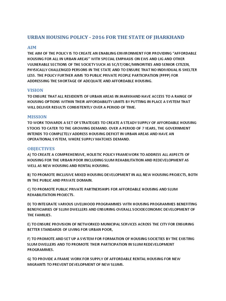 Jharkhand Urban Housing Policy 2016 | PDF | Policy | Economies