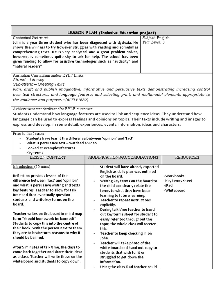 Inclusive English Lesson Plan for Dyslexia | PDF | Lesson Plan | Teachers