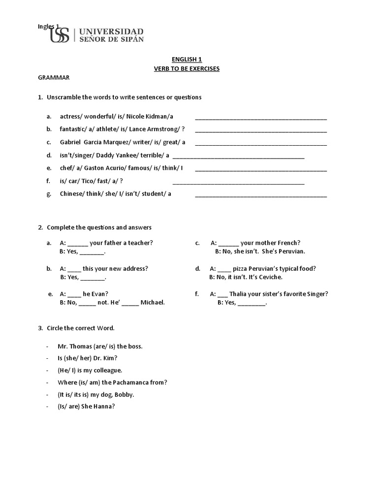 Beginner English Verb To Be Exercises | PDF
