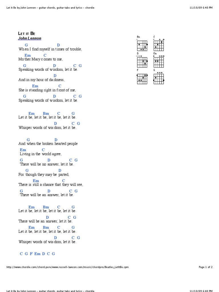 Let It Be by John Lennon Guitar Chords, Guitar Tabs and