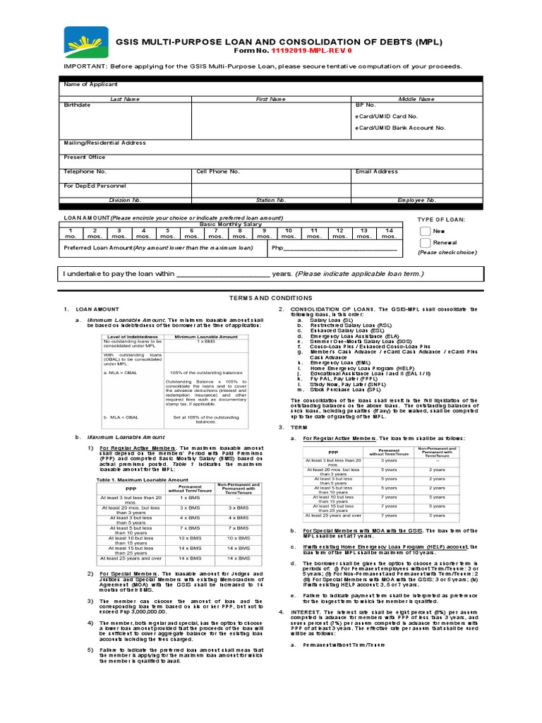 Gsis MultiPurpose Loan and Consolidation of Debts (MPL) PDF Loans