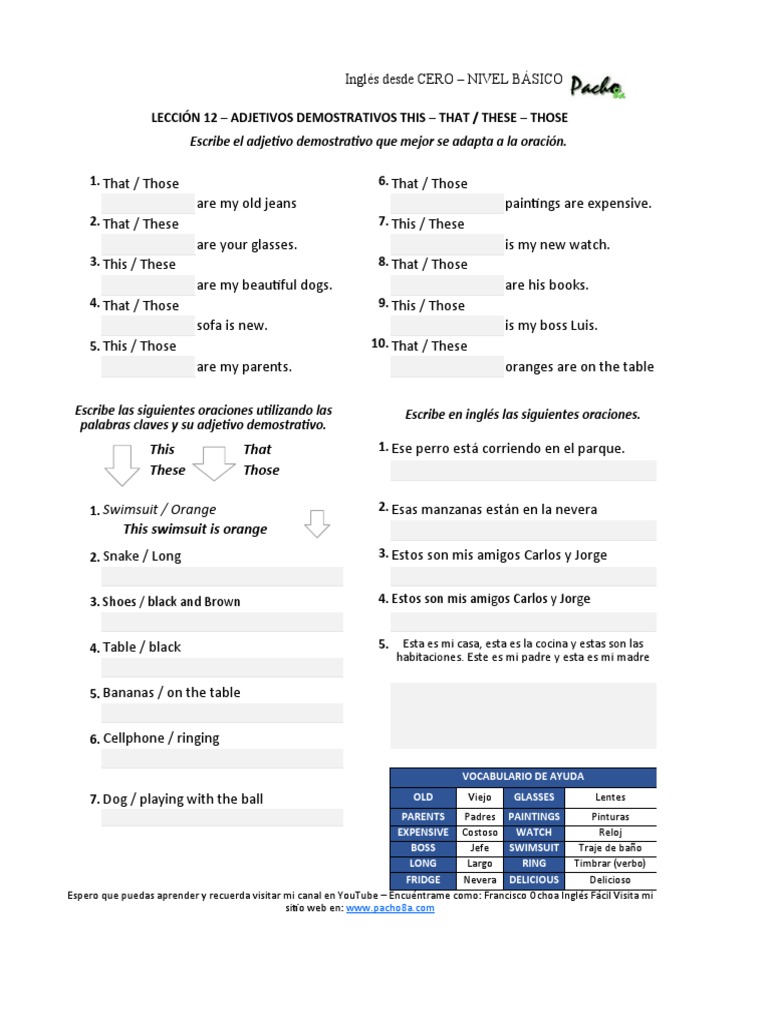 Ejercicios de Adjetivos Demostrativos en Inglés | PDF | Artes del ...