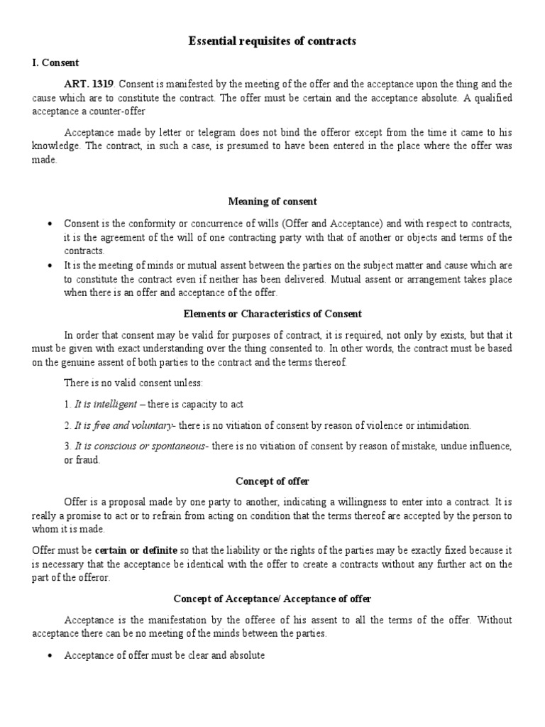 Essential Elements of Contract Consent | PDF | Offer And Acceptance ...