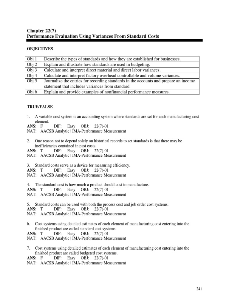 Chapter 22 (7) Performance Evaluation Using Variances From 
