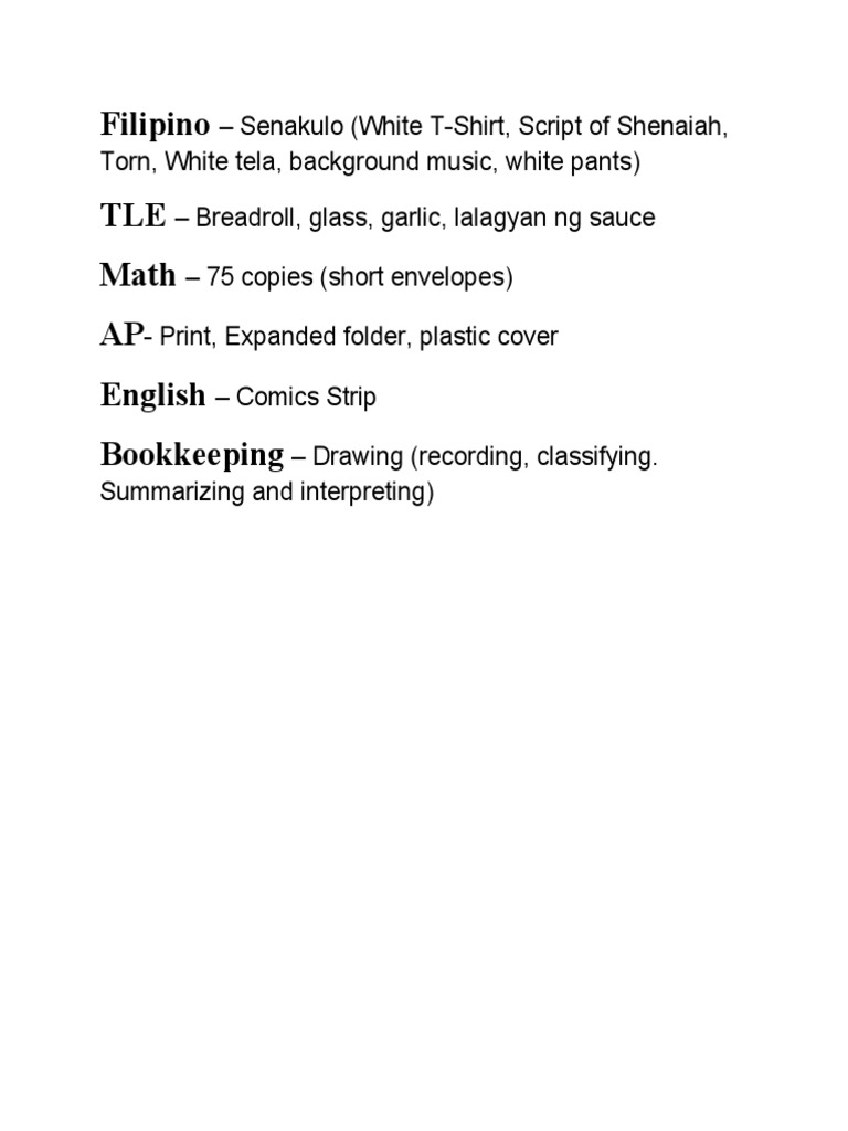 Filipino TLE Math AP English Bookkeeping: - Drawing (Recording ...