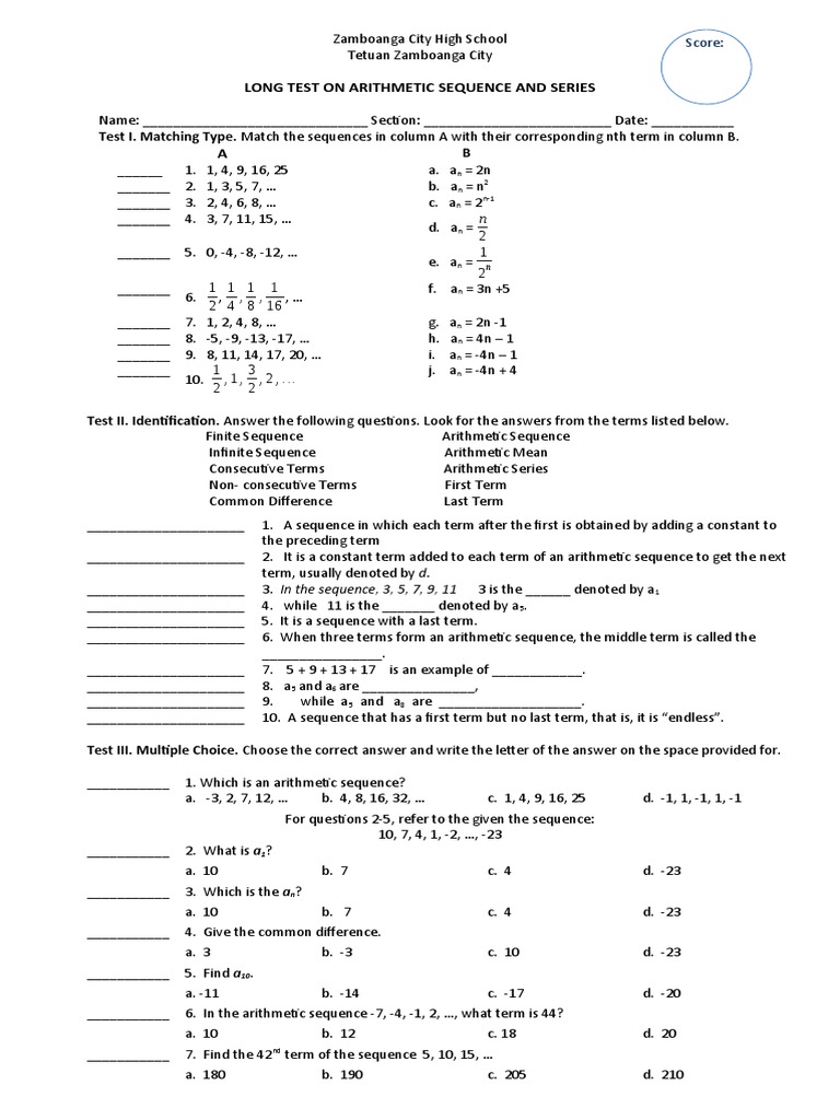 Long Test - Arithmetic Sequence | PDF | Sequence | Number Theory