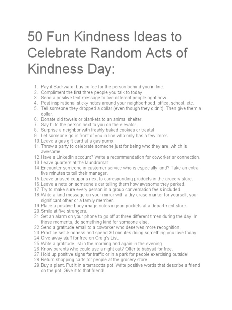 50 Fun Kindness Ideas To Celebrate Random Acts of Kindness Day | PDF