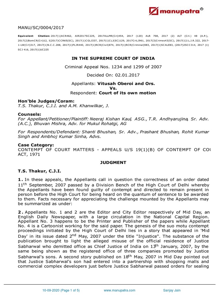 Vitusah Oberoi and Ors Vs Court of Its Own Motion