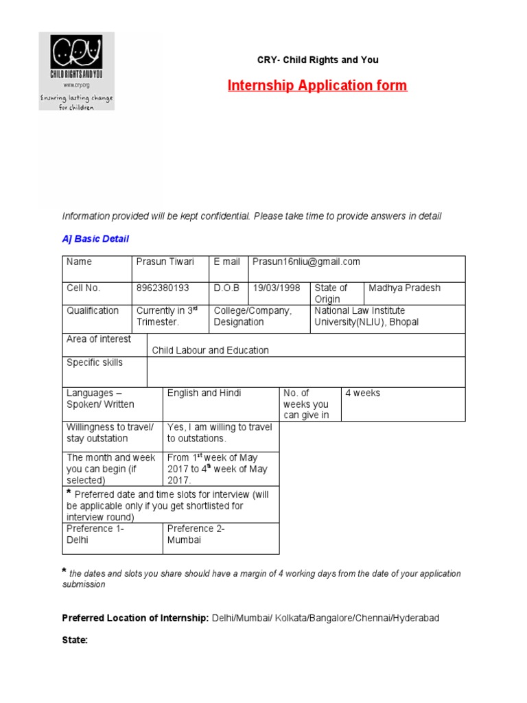 CRY Internship Application by Prasun Tiwari | PDF | Social Institutions ...