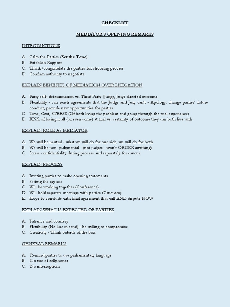 Checklist Mediator'S Opening Remarks | PDF | Mediation | Public Sphere