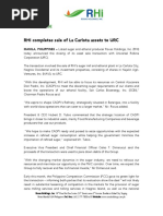 RHI Completes Sale of La Carlota Assets To URC: Press Release