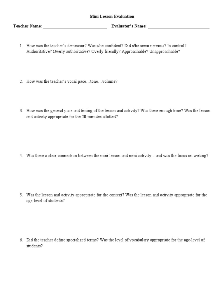 Mini Lesson Evaluation Teacher Name: - Evaluator's Name | PDF