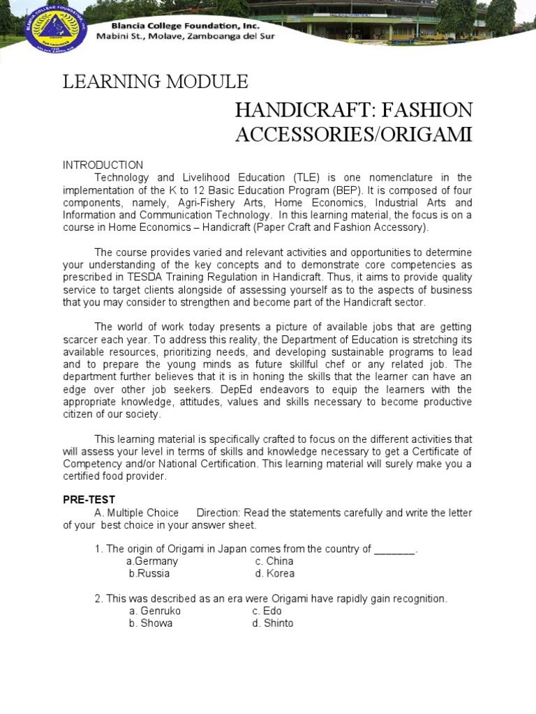 Handicraft Fashion Accessories/Origami Learning Module PDF