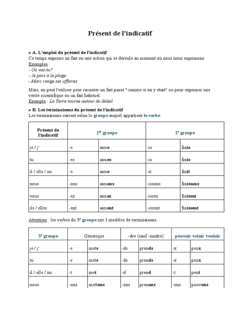 Terminaisons du présent de l'indicatif | PDF | Verbe | Conjugaison