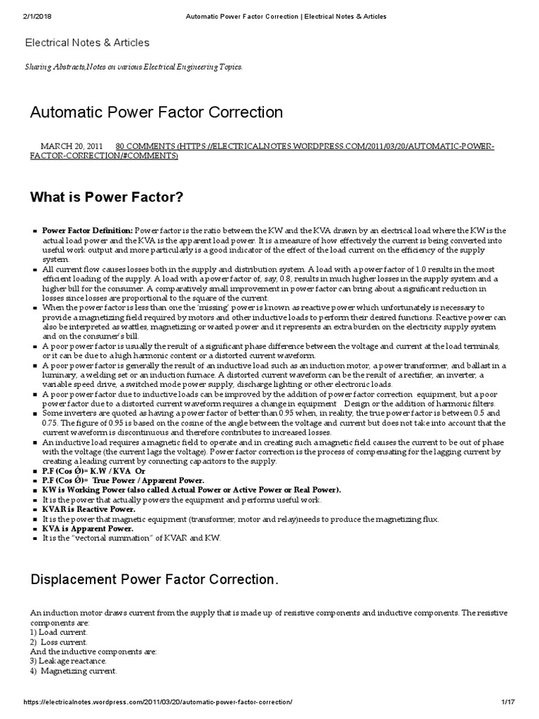 Automatic Power Factor Correction Explained | PDF | Electric Motor | Ac ...