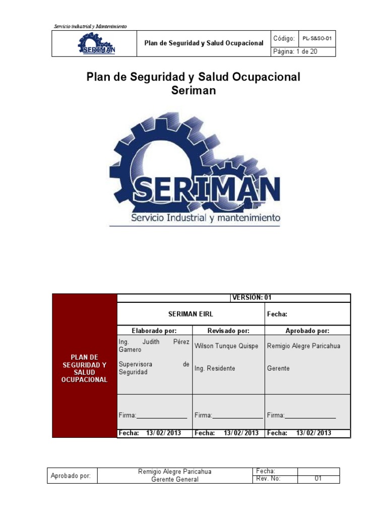 Plan de Seguridad y Salud Ocupacional | PDF | Seguridad y salud ...