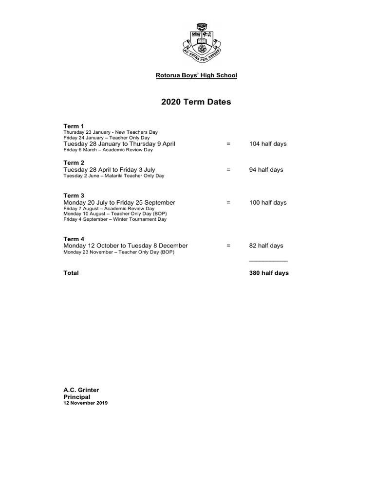 2020 Term Dates: Rotorua Boys' High School | PDF