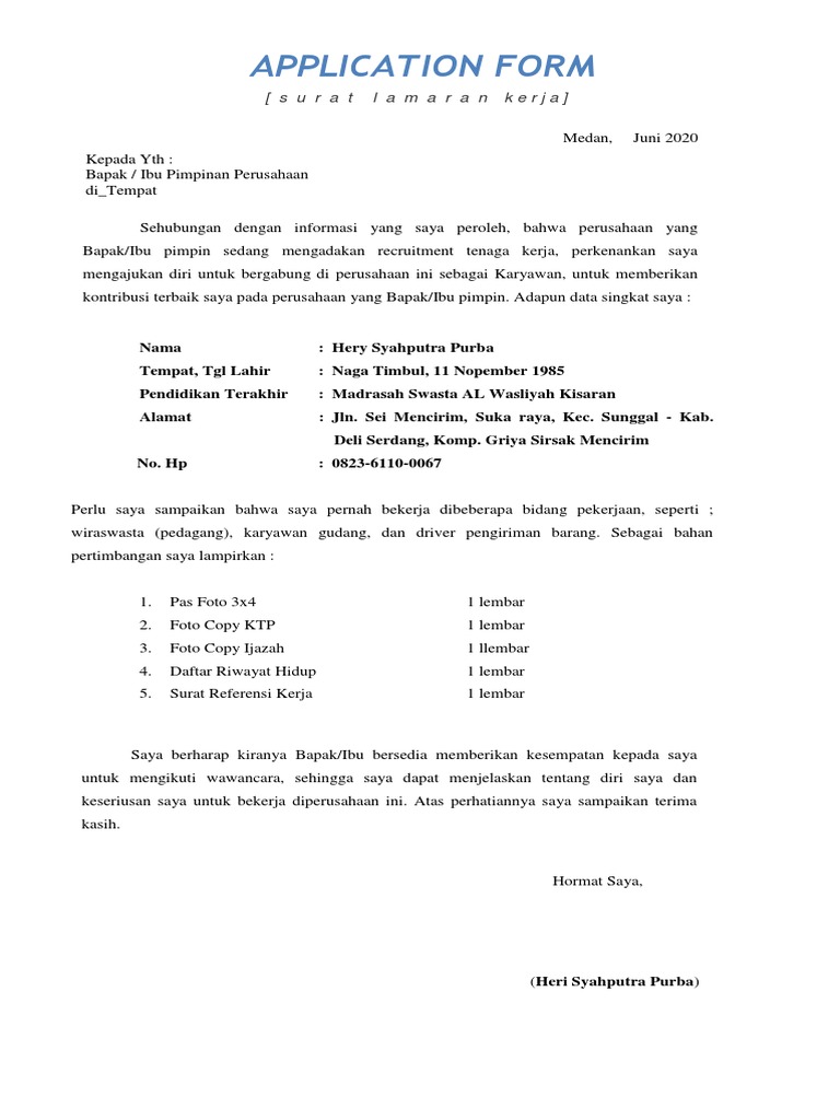 Surat Lamaran & CV - Heri Terbaru | PDF