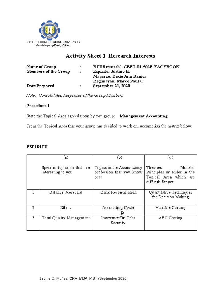Activity Sheet 1 Research Interests | PDF | Cost Accounting | Accounting