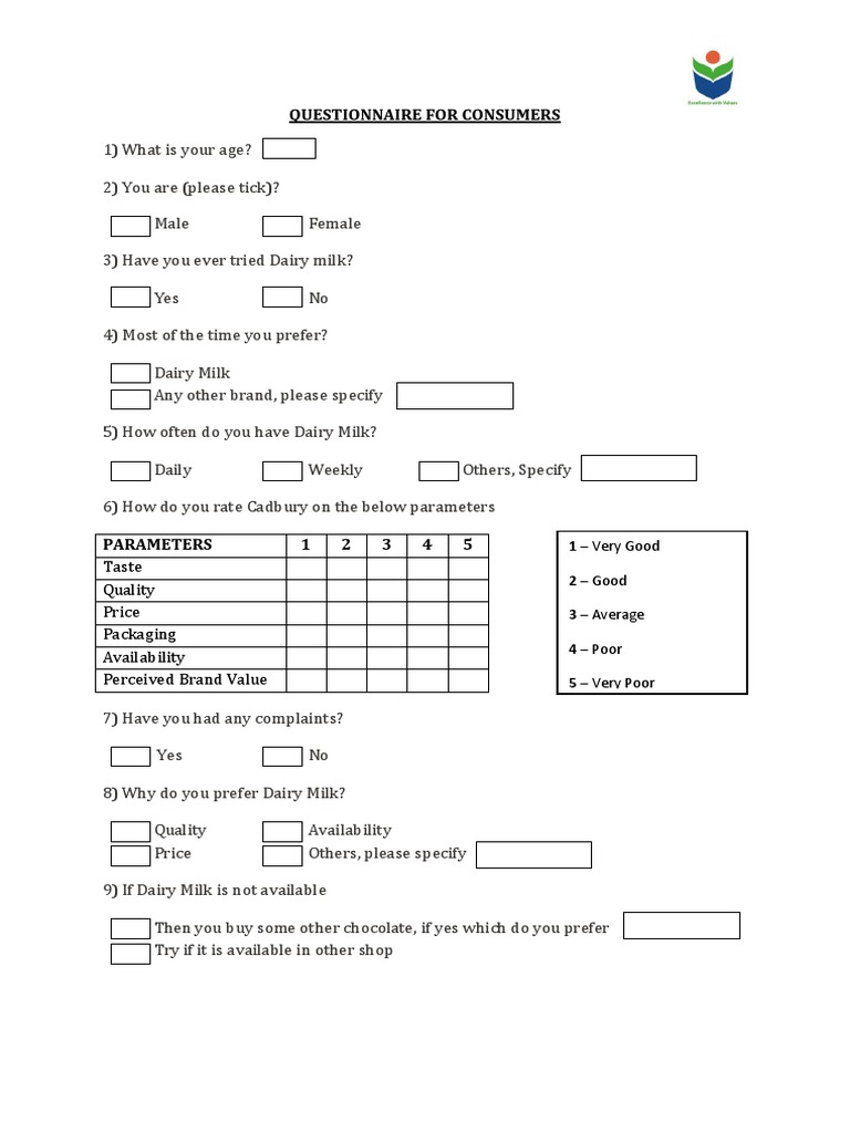 Dairy Milk Marketing Mix Questionnaire PDF PDF