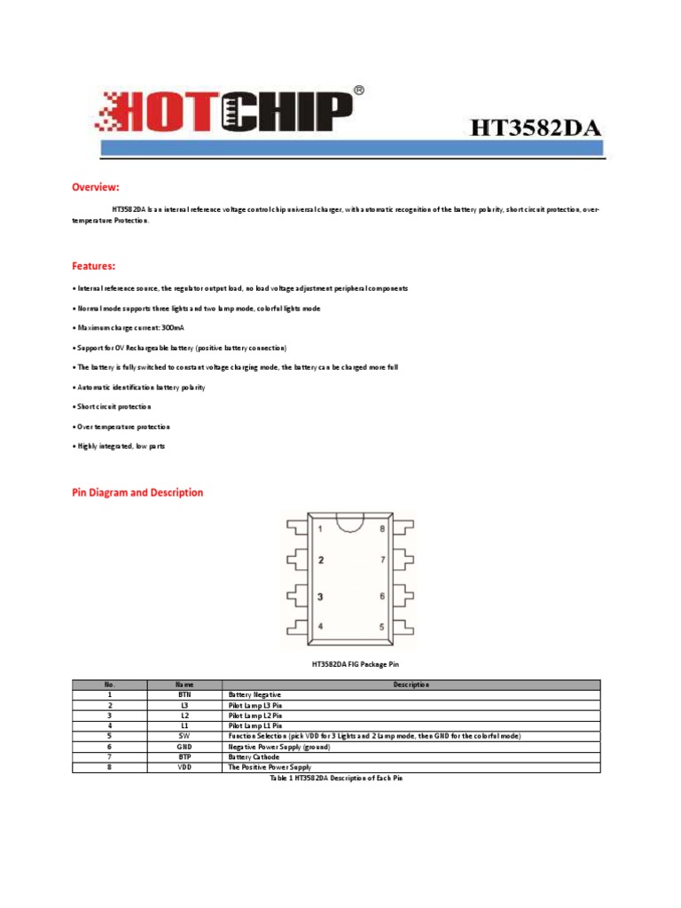 HT3582DA Hotchip | PDF | Power Supply | Rechargeable Battery