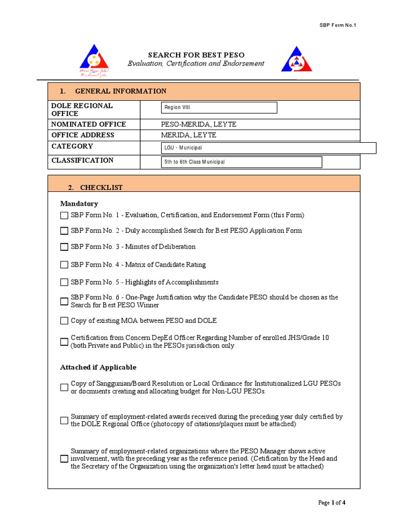 SBP Form No.1 for PESO Evaluation | PDF | Government | Business