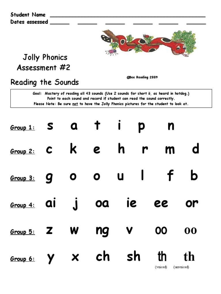 Jolly Phonics Assessment 2 Reading The 43 Sounds | PDF
