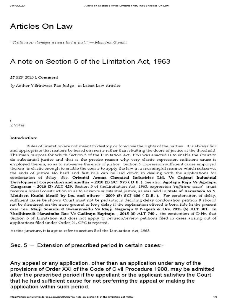 A Note On Section 5 of The Limitation Act, 1963 Articles On Law PDF