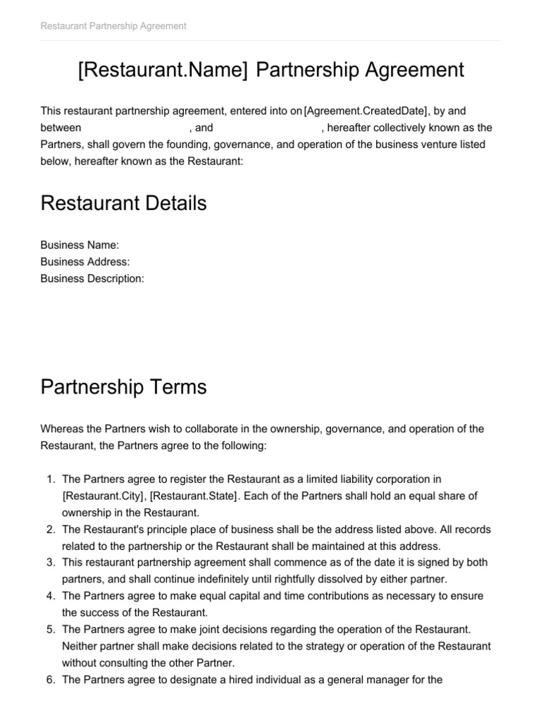 Restaurant Partnership Agreement Template | PDF | Partnership ...